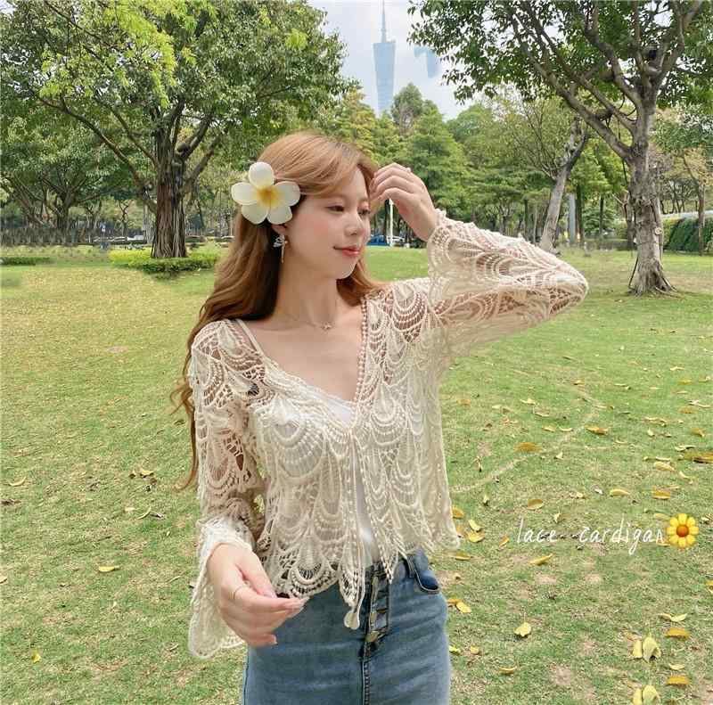 春夏 フェミニン レースカーディガン ボレロ 大人 レディース チャイナ風 レトロ 薄手 長袖 日焼け防止 普段使い ビーチ 旅行 透かし編み おしゃれ アプリコット
