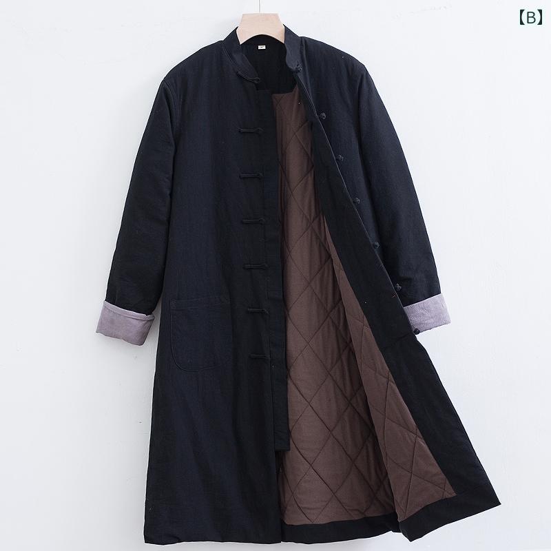 チャイナ風 アウター 冬 メンズ レトロ 長袖 ロング コート 羽織り 厚手 漢服 唐装 防寒 保温 スタンドカラー盤扣 ゆったり 大きいサイズ 個性的 カジュアル スタイリッシュ おしゃれ 黒 青