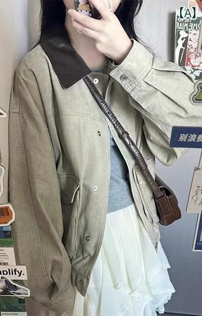 Rakuten - ワークジャケット レディース 春 アウター ブルゾン 襟付き ウォッシュ加工 大きいサイズ ゆったり シンプル カジュアル おしゃれ カーキ