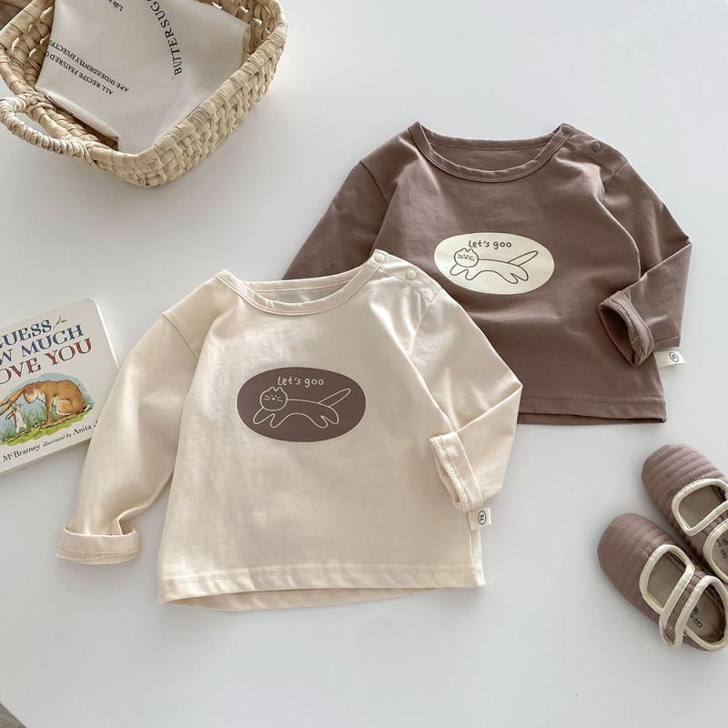 T-Shirts （Short Sleeve） - 長袖 Tシャツ ベビー 80 男の子 女の子 1歳 2歳 3歳 韓国 春秋 トップス 綿 ラウンドネック 肩ボタン かわいい カジュアル シンプル 猫 茶色 ベージュ