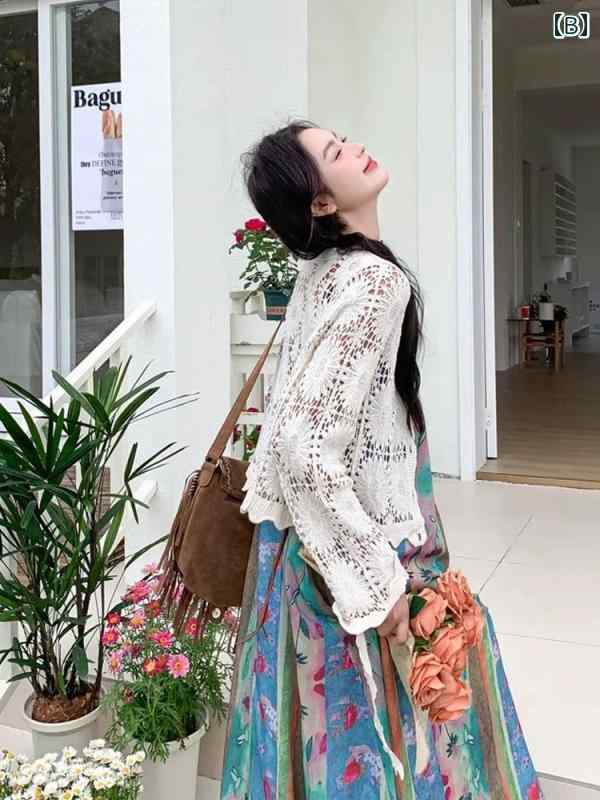 ワンピース 夏 レトロ 花柄 ノースリーブ キャミソール ロング レディース 体型カバー 着痩せ ゆったり ふんわり おしゃれ フェミニン ボヘミアン ボタニカル カジュアル リゾート ビーチ 旅行 デート お出かけ アプリコット カーディガン