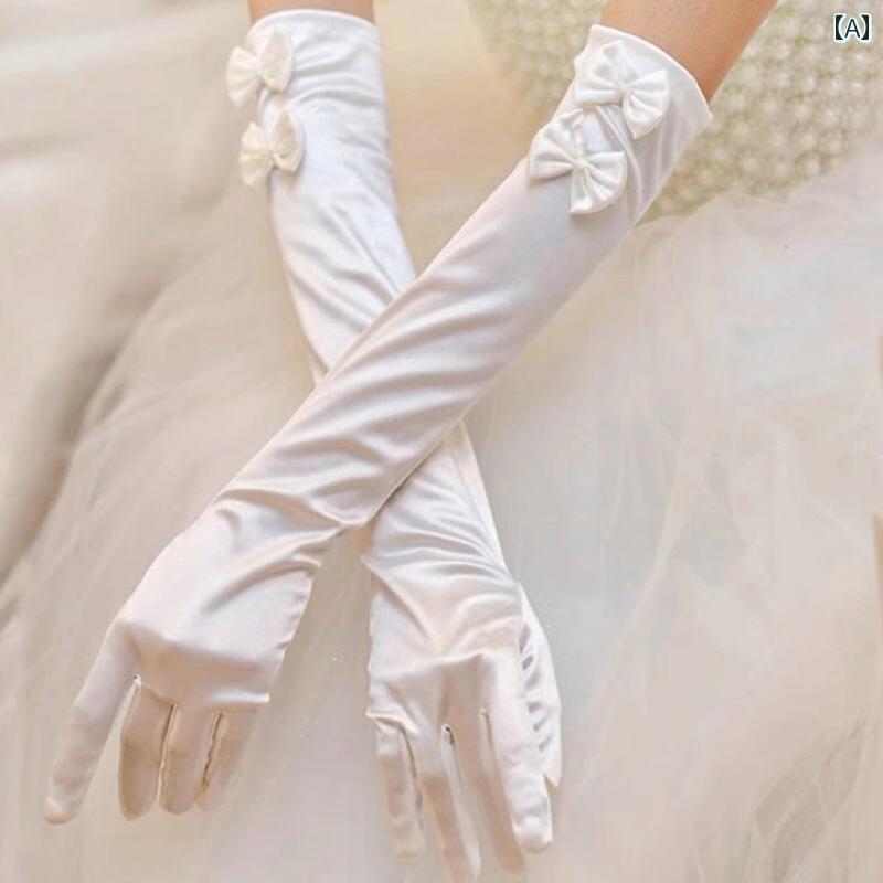 ウエディング グローブ 手袋 結婚式 花嫁 パーティー ダンス 写真撮影 装飾 小物 肘上 ロング サテン ダブルリボン レトロ エレガント 白