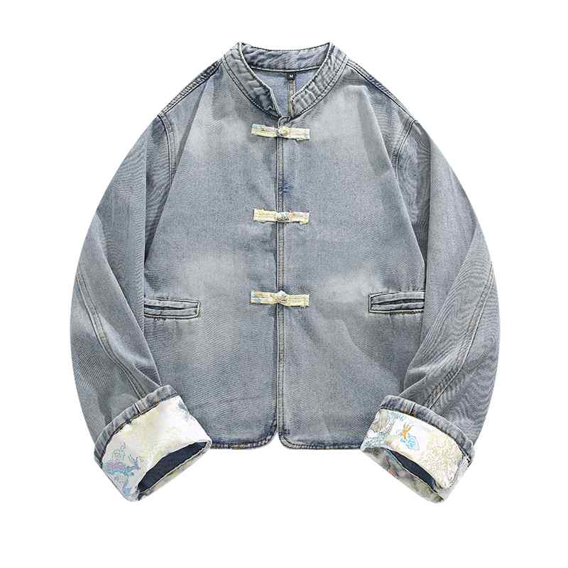 チャイナ ジャケット デニム メンズ 前開き おしゃれ 長袖 カジュアル スタンドカラー 中国風 ボタン ..