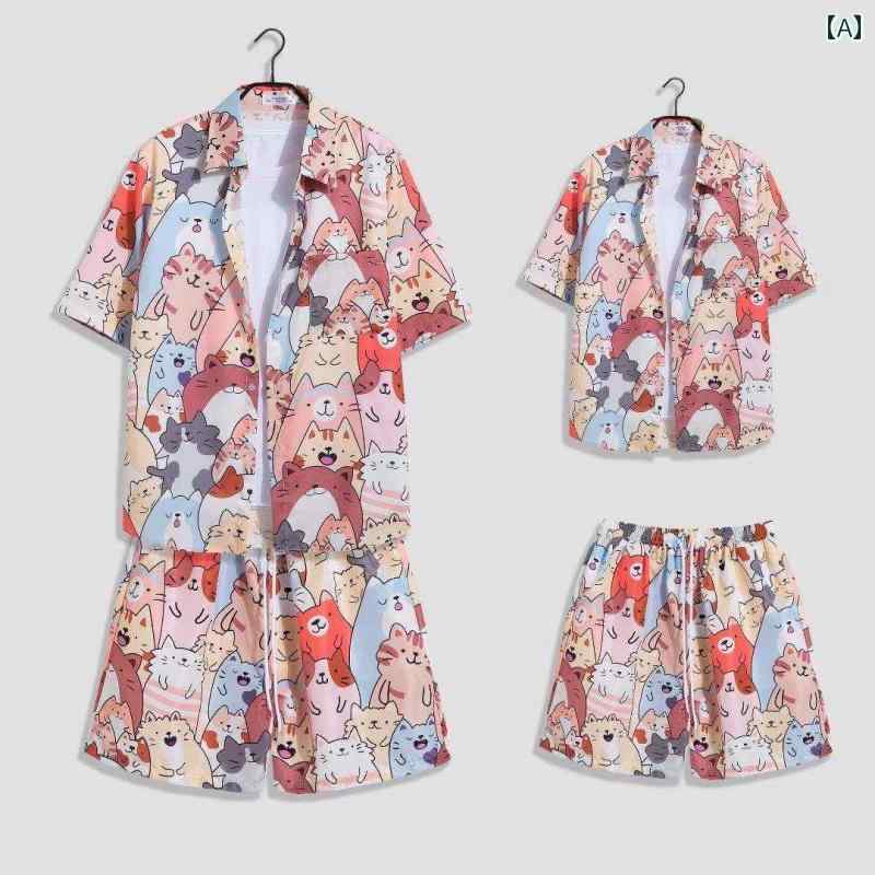 花柄 シャツ レディース おしゃれ カジュアル レトロ メンズ カップル 半袖 夏 ビーチ 旅行 リゾート セットアップ ショートパンツ ボタン ルーズ 大きいサイズ ピンク 緑 黄色