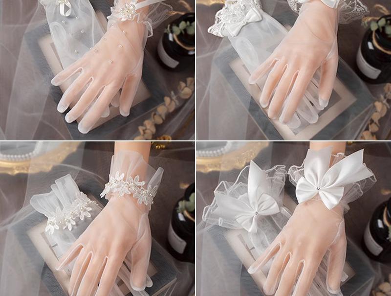 ウエディング グローブ 手袋 結婚式 花嫁 パーティー ダンス 写真撮影 装飾 小道具 透け感 ショート リボン パール 花 レトロ 白