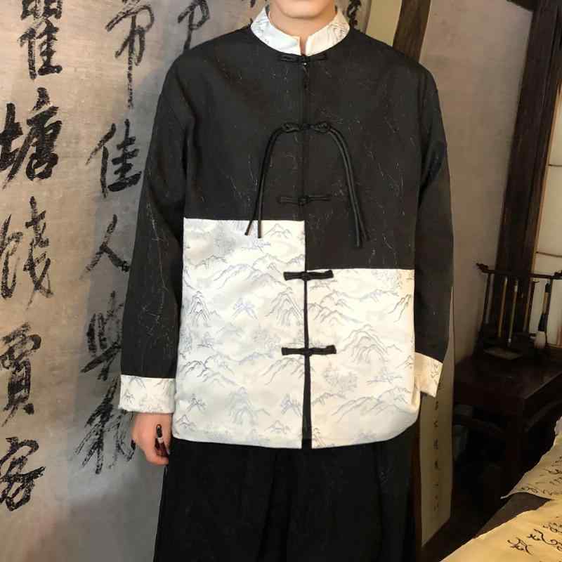 Other - チャイナ ジャケット メンズ 前開き ボタン 装飾 おしゃれ 長袖 カジュアル スタンドカラー ツートーン 漢服 ジャカード 柄 レトロ 大きいサイズ ゆったり 普段使い レジャー 白 黒
