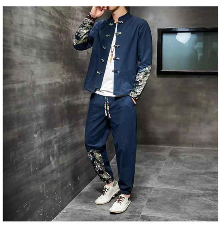 Men's Chinese-style jacket and pants set, front opening, stylish, button-up, casual, stand collar, Chinese style, Hanbok, cotton, wool, retro, plus sizes available, loose fit, everyday wear, leisure, black, blue, red.