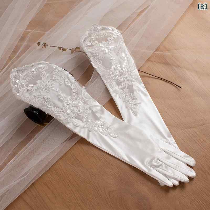 ウエディング グローブ 手袋 結婚式 花嫁 パーティー ダンス 写真撮影 装飾 小道具 レース サテン ミディアム ロング ビーズ リボン 花 レトロ エレガント 白