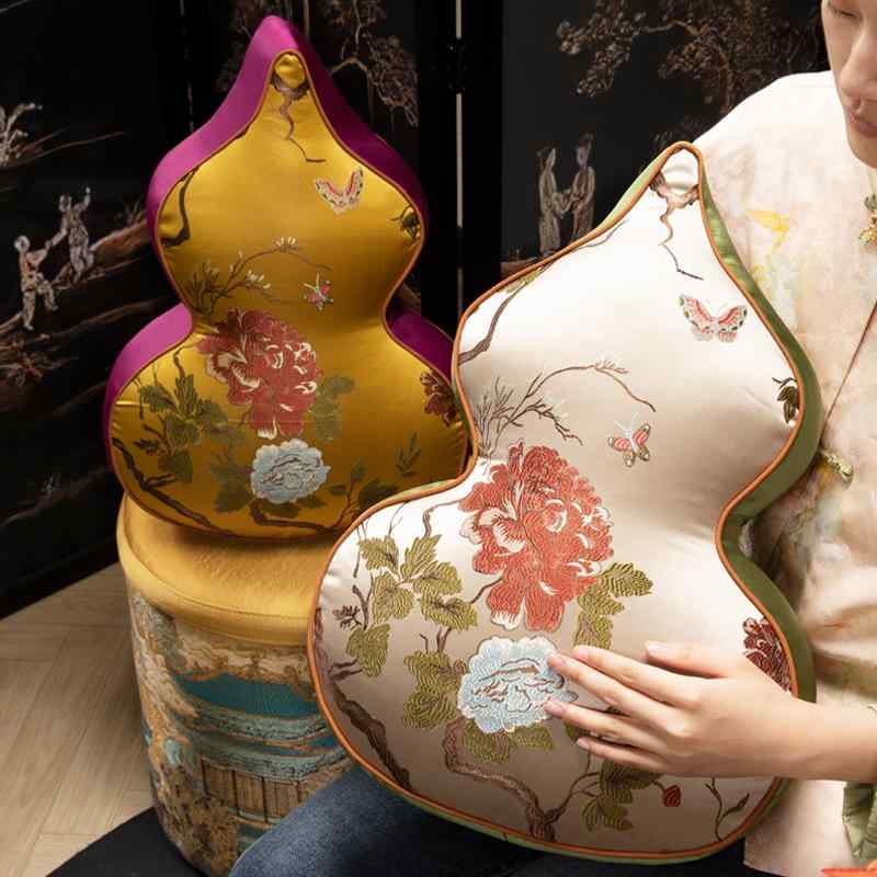クッション 背もたれ チャイナ風 ひょうたん 柔らかい おしゃれ 枕 刺繍 エレガント 光沢 腰 リビング ..