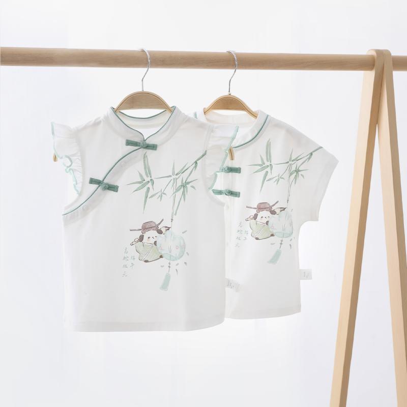 T-Shirts （Short Sleeve） - ベビー トップス 子供 1歳 2歳 3歳 男の子 女の子 チャイナ風 春夏 綿 半袖 シャツ スタンドカラー ボタン 薄手 冷感 ソフト レトロ カジュアル かわいい パンダ プリント