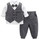 1歳 誕生日 服 男の子 2歳 3歳 ベビー 子供 春秋 セットアップ ベスト 長袖 シャツ パンツ ポケット ソフト 通気 裏起毛 フォーマル 英国風 パーティー 七五三 入園式 おしゃれ ストライプ グレー