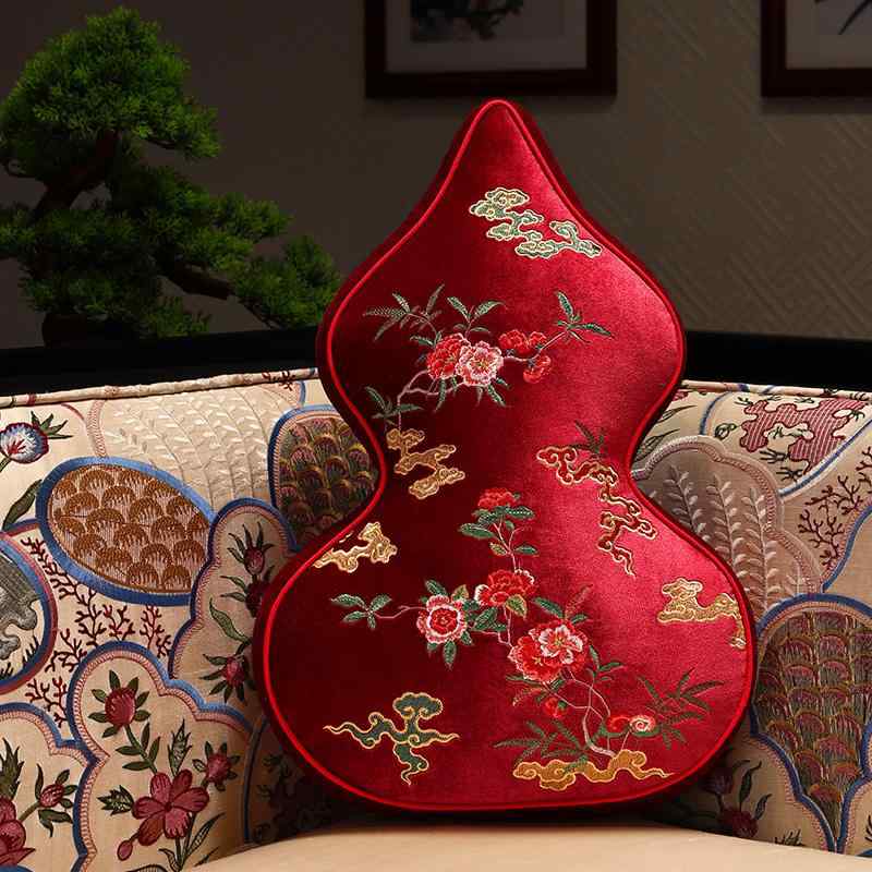 クッション 背もたれ チャイナ風 ひょうたん 柔らかい 枕 フランネル 刺繍 リビング ルーム ソファ ホ..