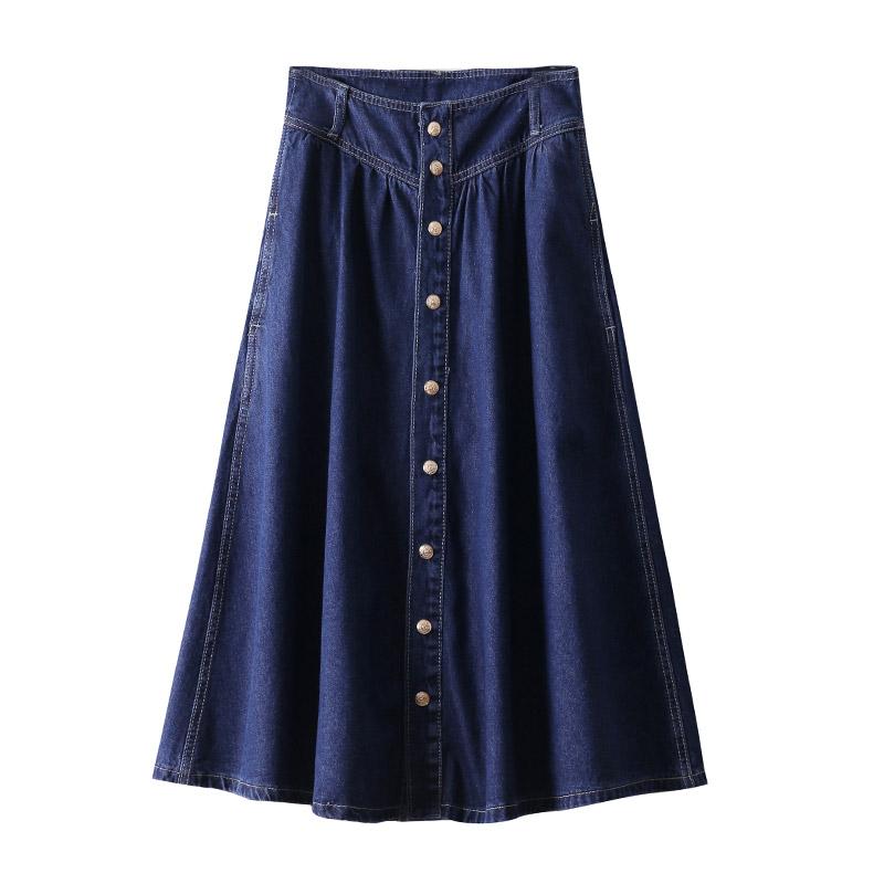スカート レディース ハイウエスト デニム ダークブルー 単排ボタン ミディ丈 夏 大振り Aライン