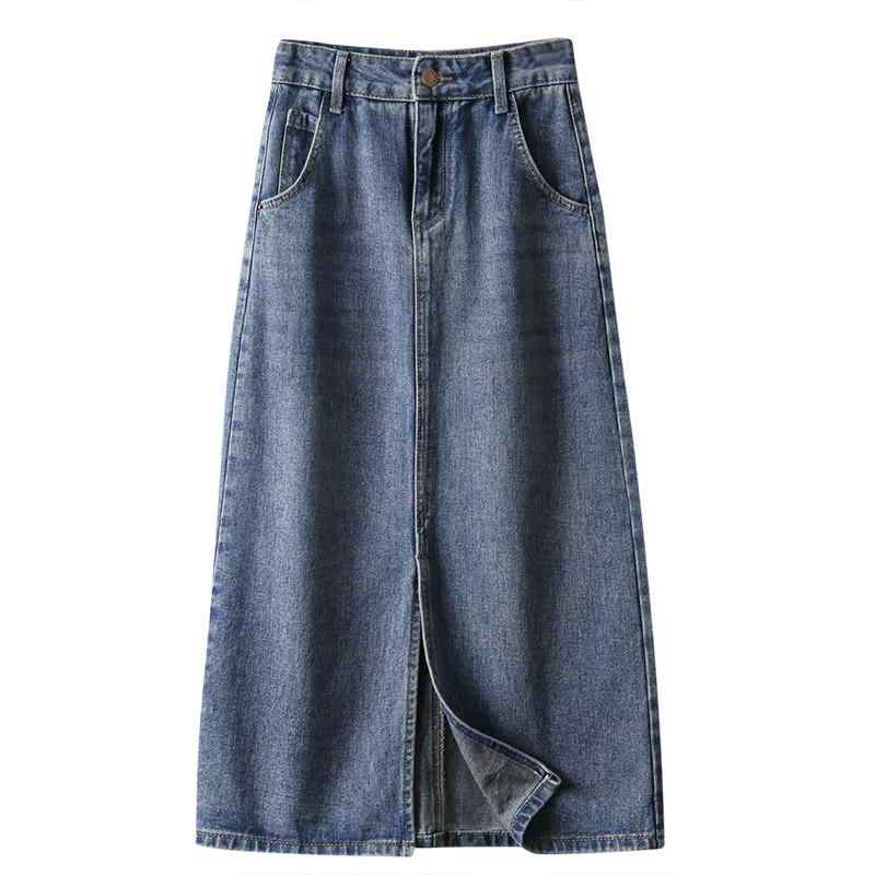 スカート レディース デニム 青 ハイウエスト ミディ丈 タイトスリット 夏 通勤シンプル