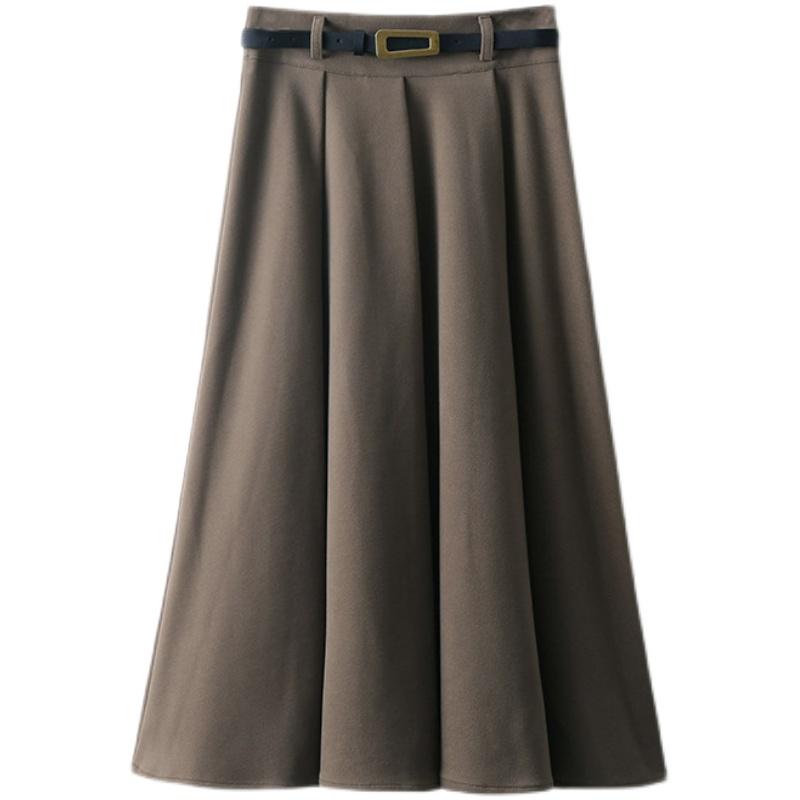 スカート レディース 秋冬 カーキ 無地 ハイウエスト 大人 女性 通勤 通学 ウール フレア ミディ