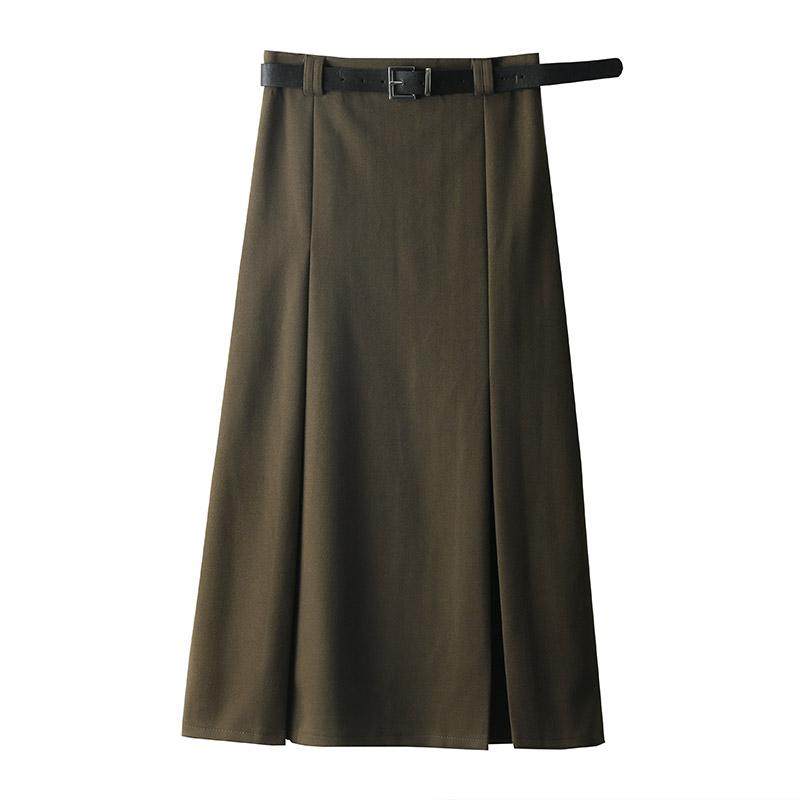 スカート レディース 秋冬 レトロ ストレート コーヒー 色 ウール ブレンド スーツ 通勤 ハイウエスト ミディ丈 Aライン