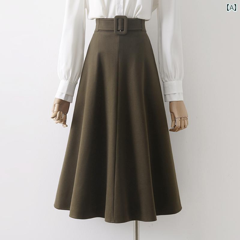 スカート レディース 通勤用 カフェ色 ウール Aライン ミディ ハイウエスト フレア 春