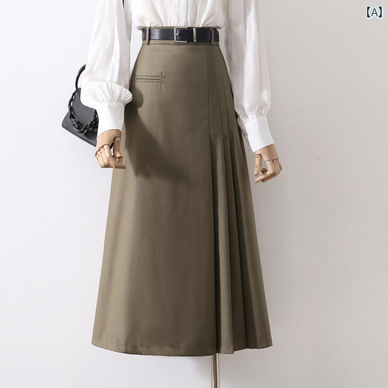 スカート レディース 通勤用 カーキ プリーツ ハイウエスト 夏用 スーツ風 ミドル丈 ビジネス カジュアル エレガント(4)