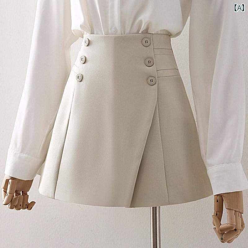 スカート レディース ダブルボタン Aライン ハイウエスト 風 ショートパンツ 夏用 ベージュカラー フレアシルエット