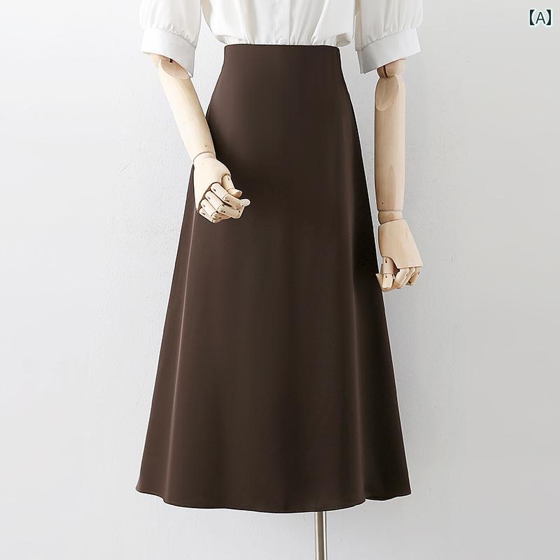 スカート レディース ハイウエスト Aライン ミディアム丈 通勤 オフィス 無地 ブラック 春夏用 体型カバー