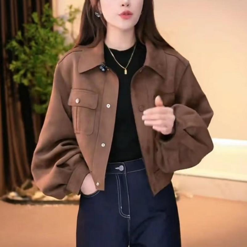 Jackets, Blazers - スエード ジャケット レディース 春 アメリカン ショート丈 アウター 襟付き ボタン シンプル カジュアル おしゃれ 茶 アイボリー ピンク