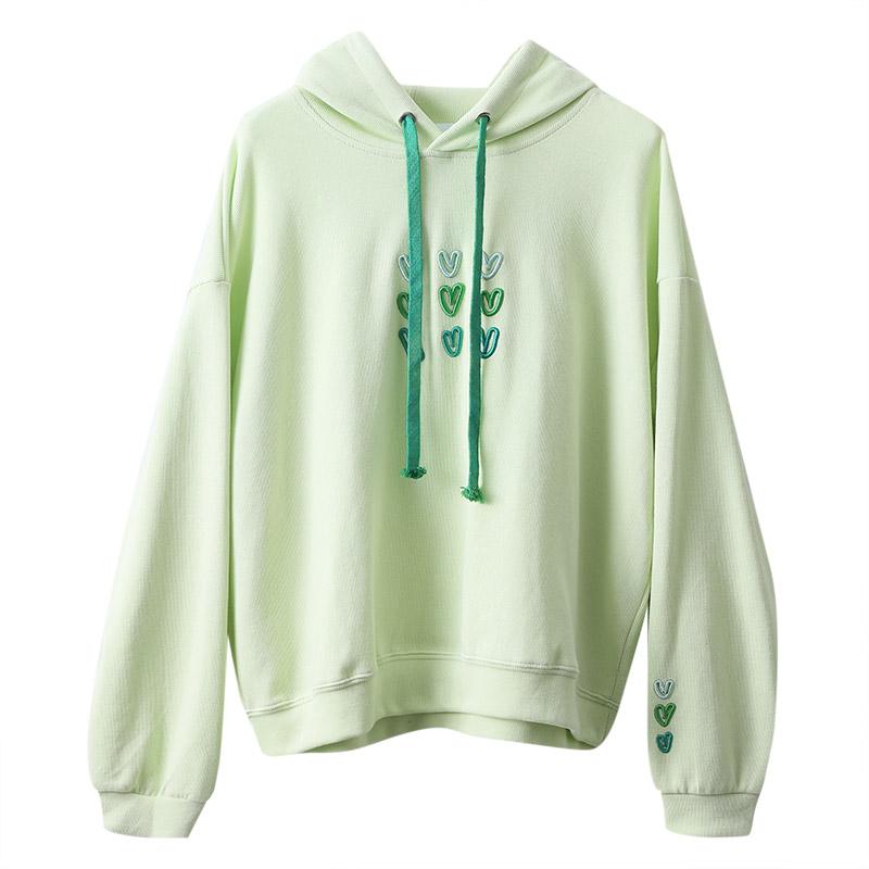 トップス レディース おしゃれ 緑 ハート 刺繍 フード付き スウェット 秋冬 ゆったり シンプル 洗練 コーディネートしやすい 長袖