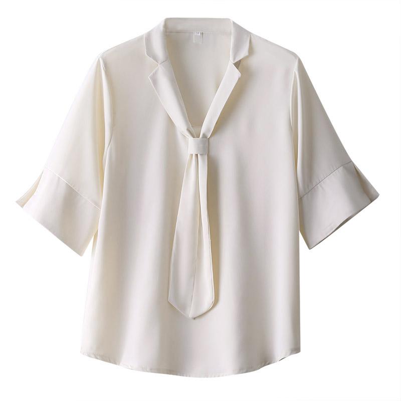 シャツ レディース 通勤用 杏色 シフォン シフォン 半袖 リボン スタイリッシュ 夏用