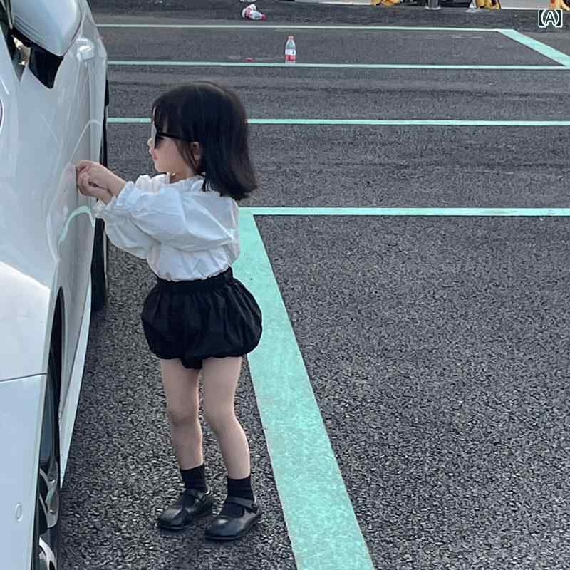 フロントップ楽天市場店のベビー服 パンツ 子供 夏 カボチャ型 バルーン ショート丈 女の子 コットン 韓国 おしゃれ シンプル 無地 カジュアル 普段使い ウエストゴム 黒 白｜アングル2