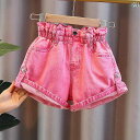 ショートパンツ キッズ 女の子 韓国 春夏 デニム ウエストゴム ポケット ロールアップ 薄手 通気 ソフト カジュアル 無地 キャンディーカラー ピンク カーキ 黄色