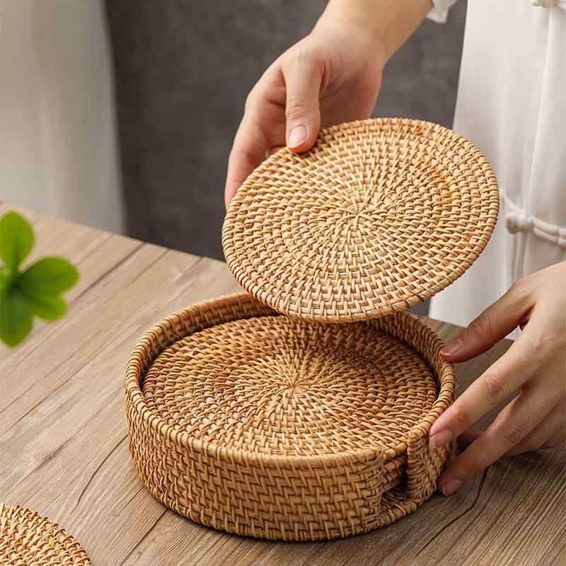 ラタン 鍋敷き おしゃれ キッチン用品 家庭用 雑貨 テーブル マット コースター ポット 火傷防止 耐熱 セット 収納ケース スタンド 中国結び ラウンド スクエア