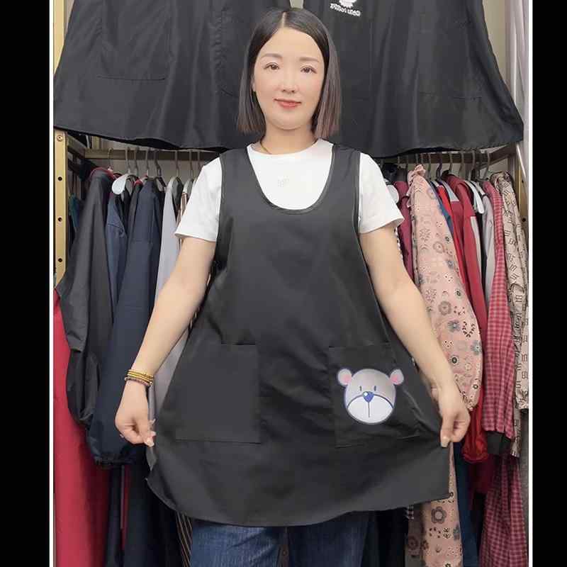 エプロン レディース 大人 韓国 家庭用 キッチン 調理 作業 家事 薄手 プルオーバー 肩紐 ポケット ラウンドネック シンプル 無地 うさぎ くま 黒