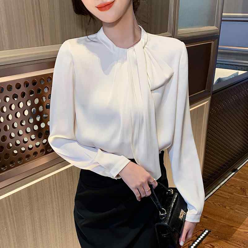 スタンドカラー シャツ レディース アシンメトリー 長袖 おしゃれ 春秋 トップス 中国風 女性用 フレンチ リボン 装飾 ビジネス オフィス 普段使い 上品 無地 大きいサイズ ゆったり 韓国 プルオーバー 青 ベージュ