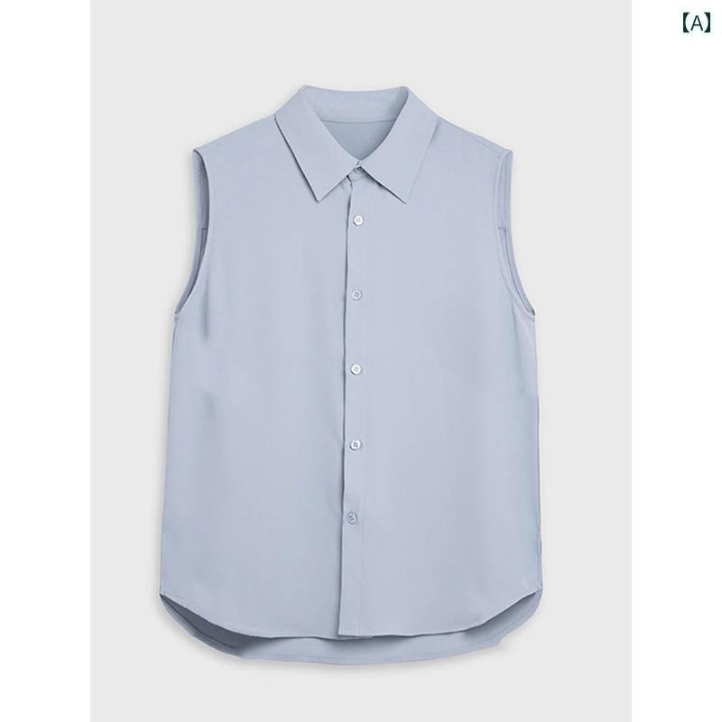 Sleeveless - ノースリーブシャツ レディース 夏 トップス ブラウス 襟付き インナー 通勤 オフィス カジュアル シンプル おしゃれ 白 青 無地