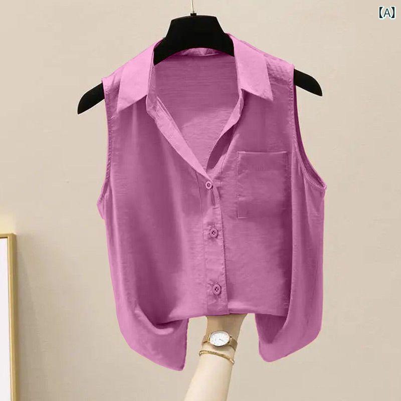 Sleeveless - ノースリーブシャツ レディース 夏 シフォン トップス ブラウス 前開き 襟付き 大きいサイズ ゆったり オフィス カジュアル シンプル 白 緑 紫 無地