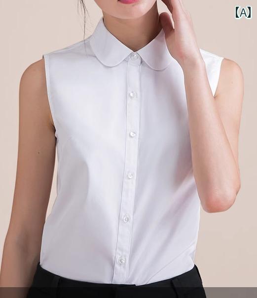 Sleeveless - ノースリーブシャツ レディース 夏 トップス ブラウス 前開き 襟付き スタンドカラー フリル 大きいサイズ 通勤 オフィス カジュアル シンプル 黒 白 無地