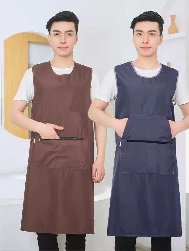 エプロン メンズ レディース 大人 ロング 韓国 ジッパー ポケット 防水 防油 作業 工場 キッチン 調理 大きめ シンプル 青 茶 グレー