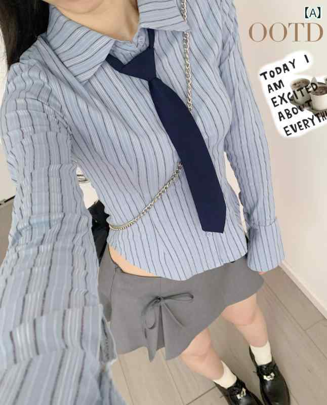 シャツ レディース おしゃれ ストライプ 襟付き リボンタイ 付き 学生風 韓国 長袖 カジュアル フリーサイズ 青 春 ビンテージ トップス