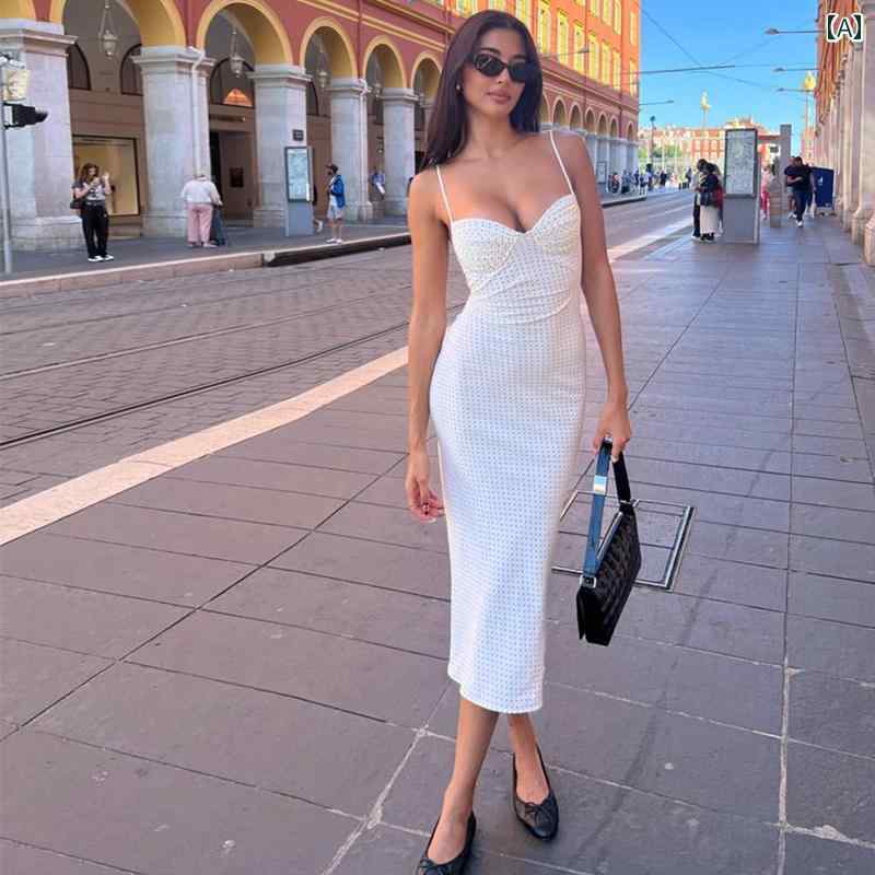 ワンピース レディース おしゃれ セクシー キャミソール レトロ ドット タイト パーティー 大人 女性 シック フォーマル スレンダー 夏 白 スリット バックショー
