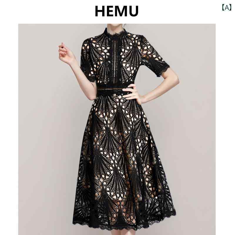 ワンピース レディース おしゃれ レース 春夏 フレンチスタイル ブラックドレス エレガント 上品 ミディアム丈 半袖