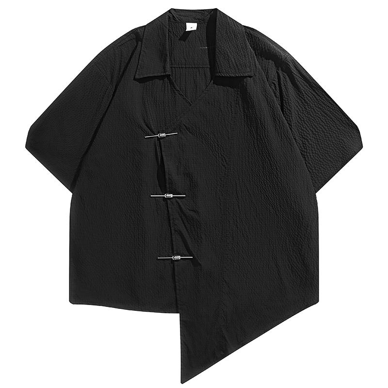 メンズ トップス おしゃれ 中国風 半袖 シャツ 斜め襟 夏 薄手 通気性 ジャカード織り 金属ボタン 個性的 シンプル アシンメトリー 大きいサイズ 黒 白