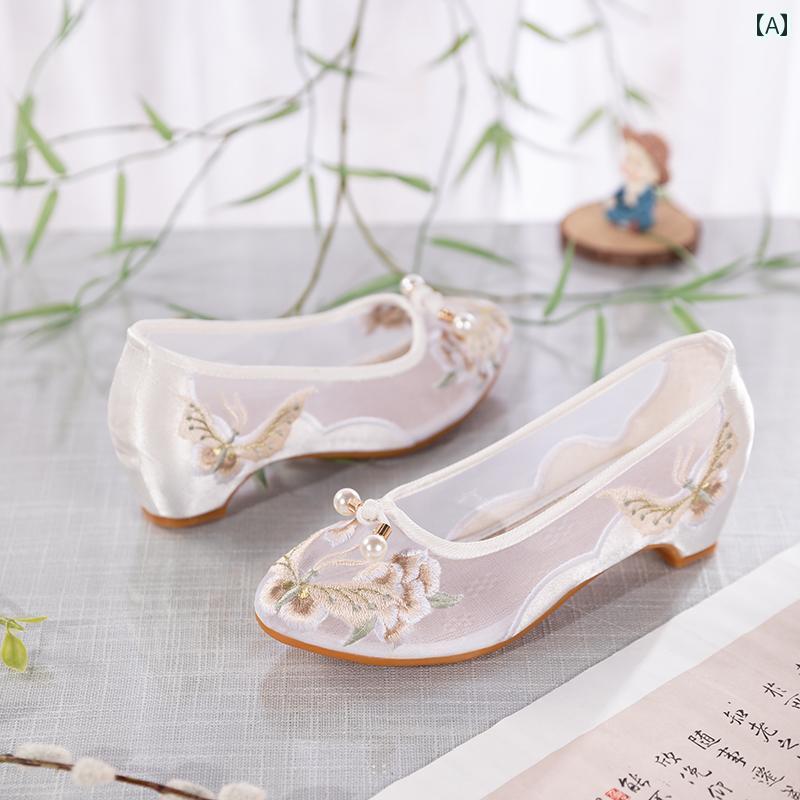 ローヒール パンプス レディース 夏 中国風 メッシュ 刺繍 ラウンドトゥ フラットシューズ 防滑 キラキラ 装飾 パール ビーズ チャイナドレス 漢服 シニア マダム 母の日 プレゼント エレガント 緑 白 ベージュ 花柄 frontop-12679433 フロントップ楽天市場店 サンプル画像2