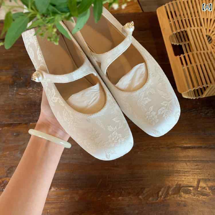 ローヒール パンプス レディース 中国風 光沢 ジャガード スクエアトゥ フラットシューズ キラキラ 装飾 パール シニア マダム 母の日 プレゼント カジュアル エレガント 黒 ピンク アイボリー 花柄 frontop-12679425 フロントップ楽天市場店 サンプル画像2