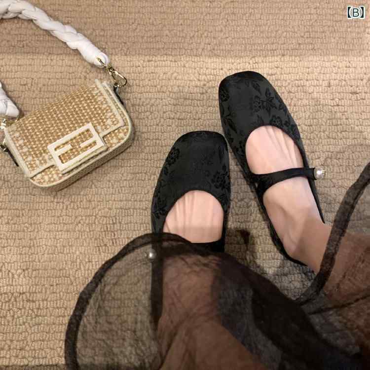 ローヒール パンプス レディース 中国風 光沢 ジャガード スクエアトゥ フラットシューズ キラキラ 装飾 パール シニア マダム 母の日 プレゼント カジュアル エレガント 黒 ピンク アイボリー 花柄 frontop-12679425 フロントップ楽天市場店 サンプル画像3