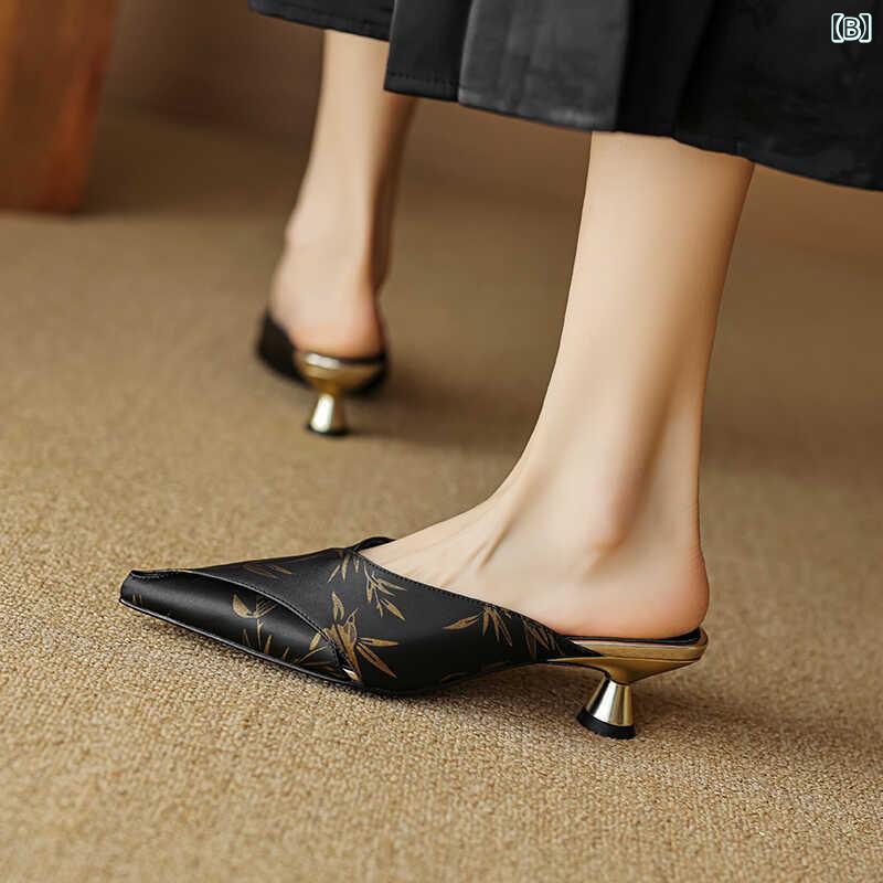 ミュールパンプス 夏 レディース 中国風 ローヒール サンダル ポインテッドトゥ 防滑 シニア マダム 母の日 プレゼント カジュアル エレガント 黒 白 茶 竹柄 frontop-12679431 フロントップ楽天市場店 サンプル画像3
