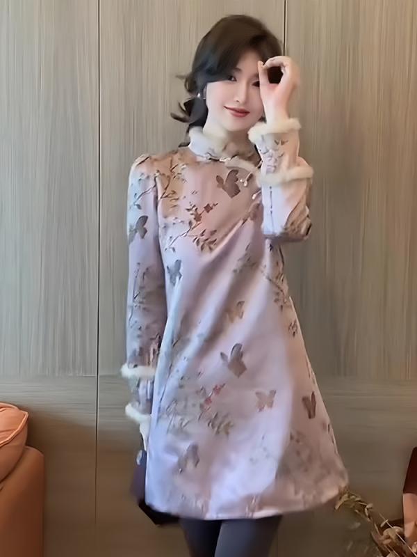 チャイナドレス 長袖 レディース 中国風 秋冬 Aライン 上品 光沢 ボタン付き おしゃれ カジュアル ミニ パーティー デート ピンク