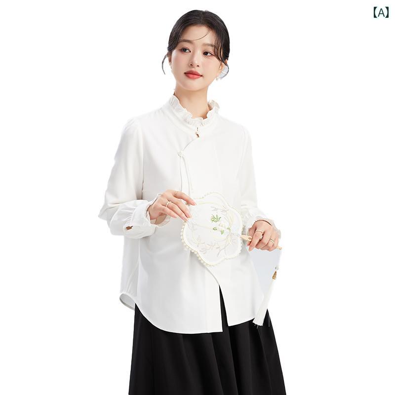 シャツ レディース おしゃれ トップス 大きいサイズ 新中式 襟付き 長袖 秋 白 上品