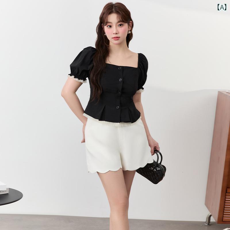 シャツ レディース おしゃれ トップス 大きいサイズ ブラック フレンチ レトロ スリム フィット スクエアネック ショート 夏