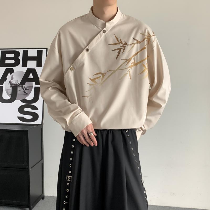 乐天商城 - メンズ トップス おしゃれ 長袖 中国風 斜め スタンドカラー シャツ 男女兼用 春秋 竹柄 ポリエステル ゆったり 大きいサイズ シンプル 上品 アプリコット