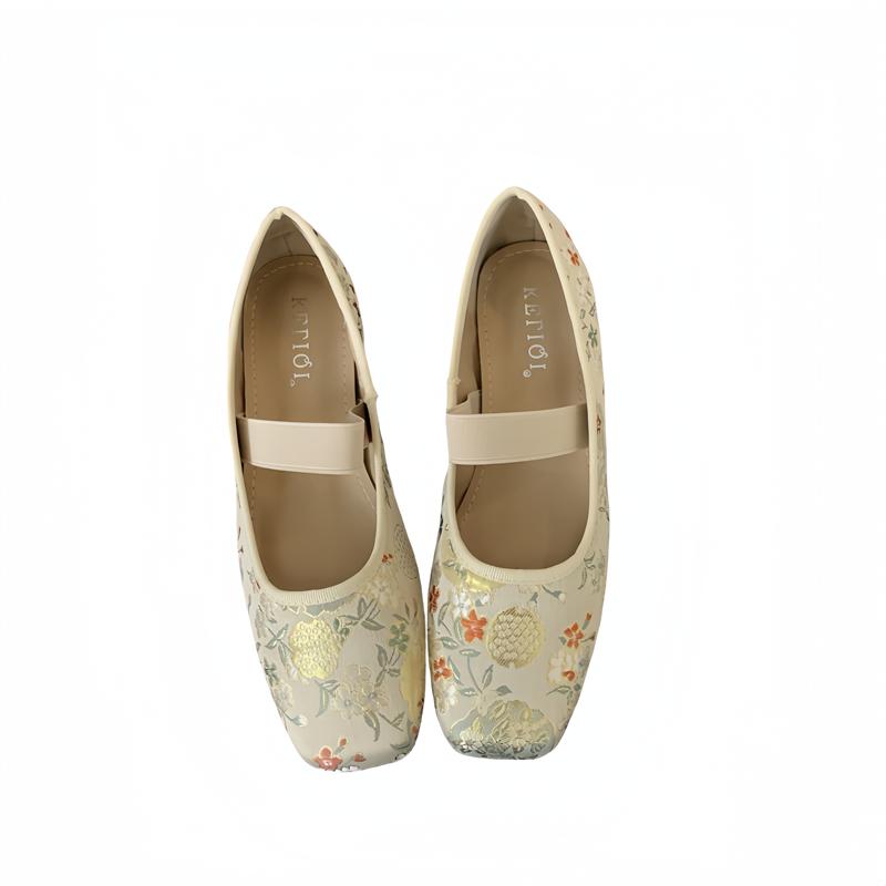 ローヒール パンプス レディース 夏 韓国 中国風 PU スクエアトゥ ゴム ストラップ チャンキーヒール マダム シニア 母の日 プレゼント カジュアル エレガント おしゃれ ピンク アプリコット 花柄