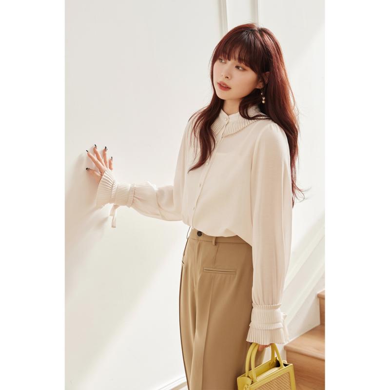 シャツ レディース おしゃれ トップス 女性用 ピンク パフスリーブ プリーツ フォーマル ビーズ ボタン 薄手 春夏